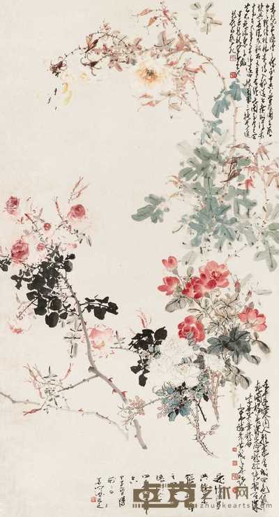 赵少昂 杨善深等 1942年作 四色玫瑰图 立轴 148×81cm